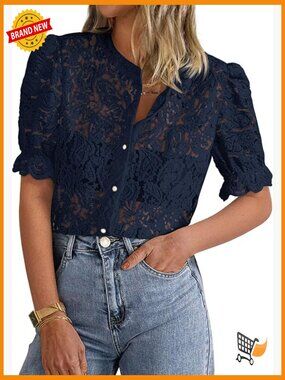 Lace Puff Sleeve Button Down Blouse - Spring Eyelet Top